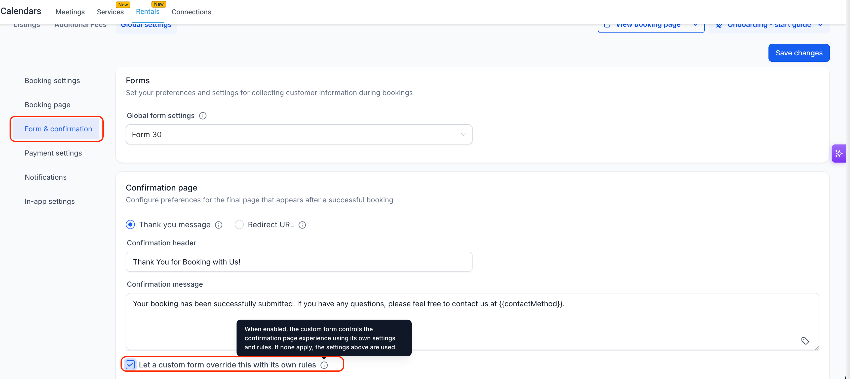GoHighLevel Form & confirmation settings showing custom form override option and confirmation page configuration