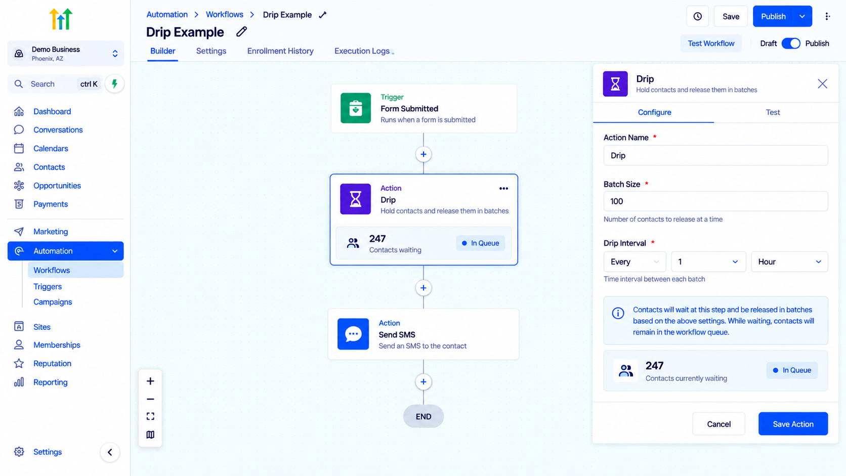 GoHighLevel Drip action configuration in workflow builder dashboard