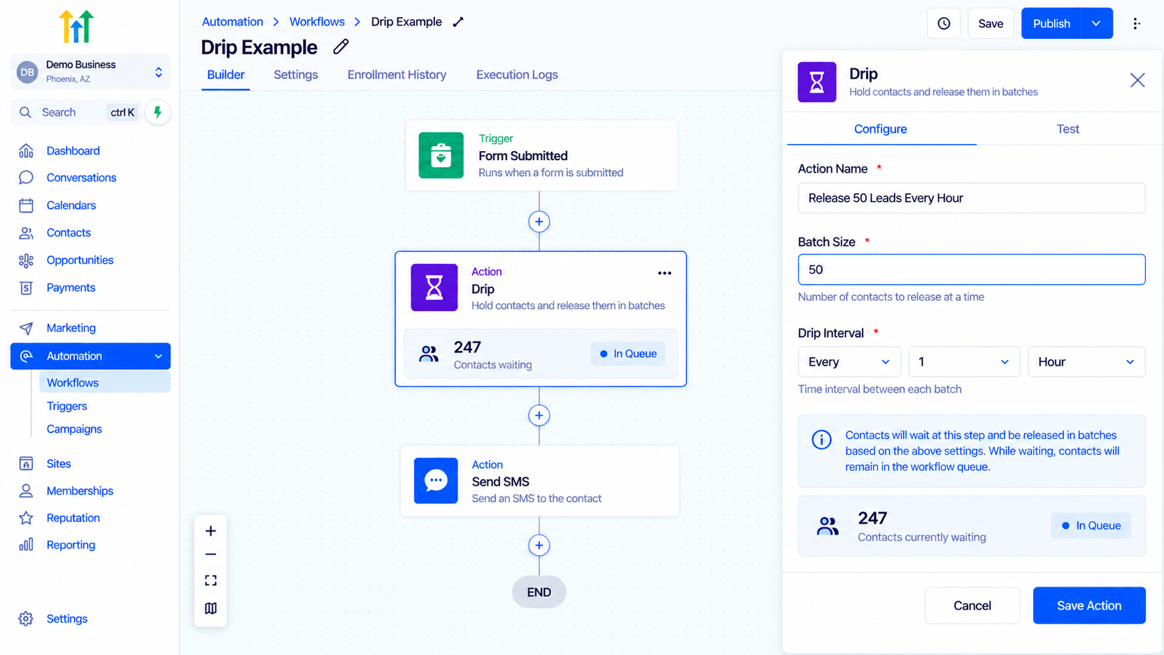 GoHighLevel Drip action batch release configuration in workflow builder