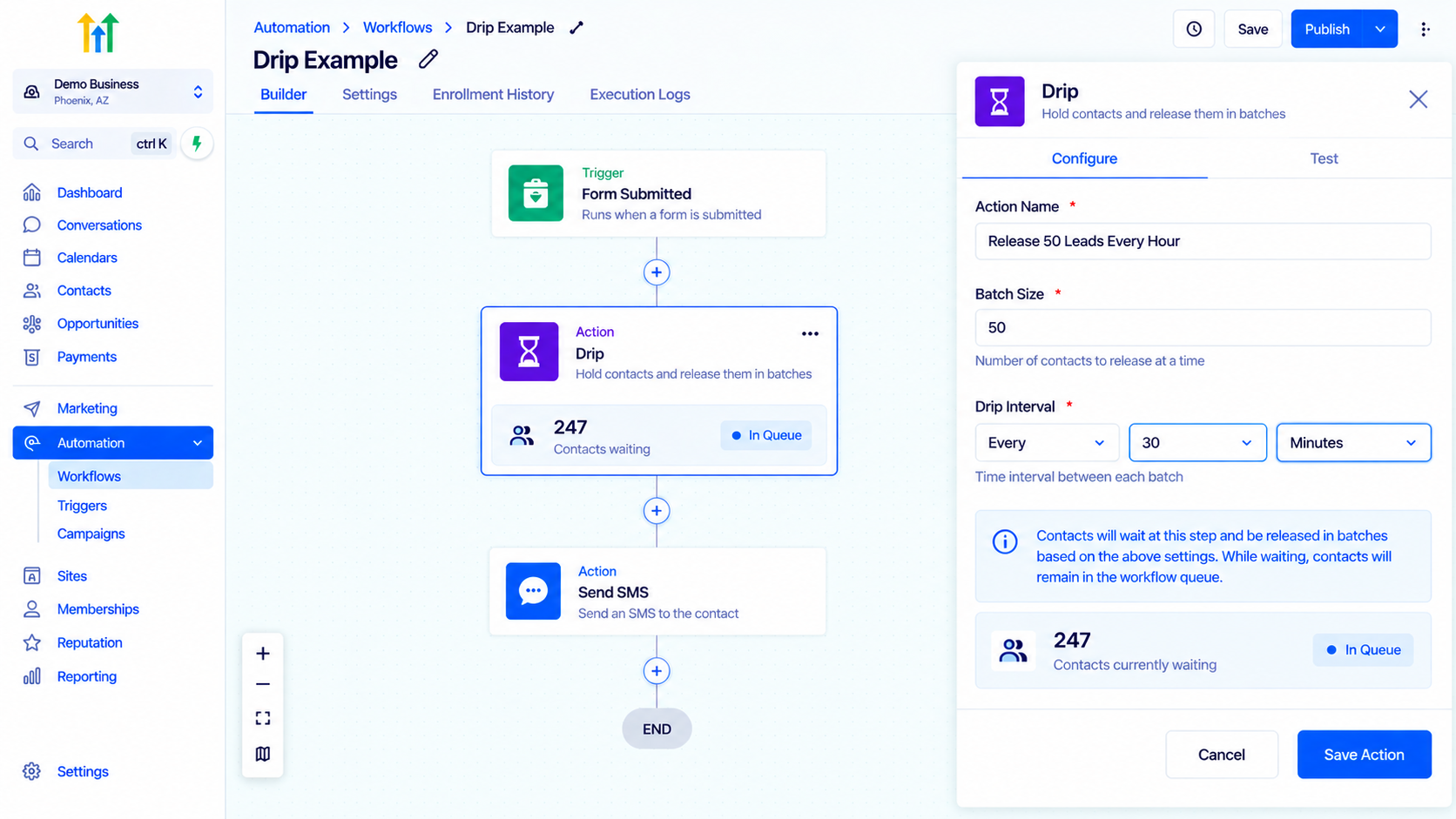 GoHighLevel Drip action interval configuration in workflow builder dashboard