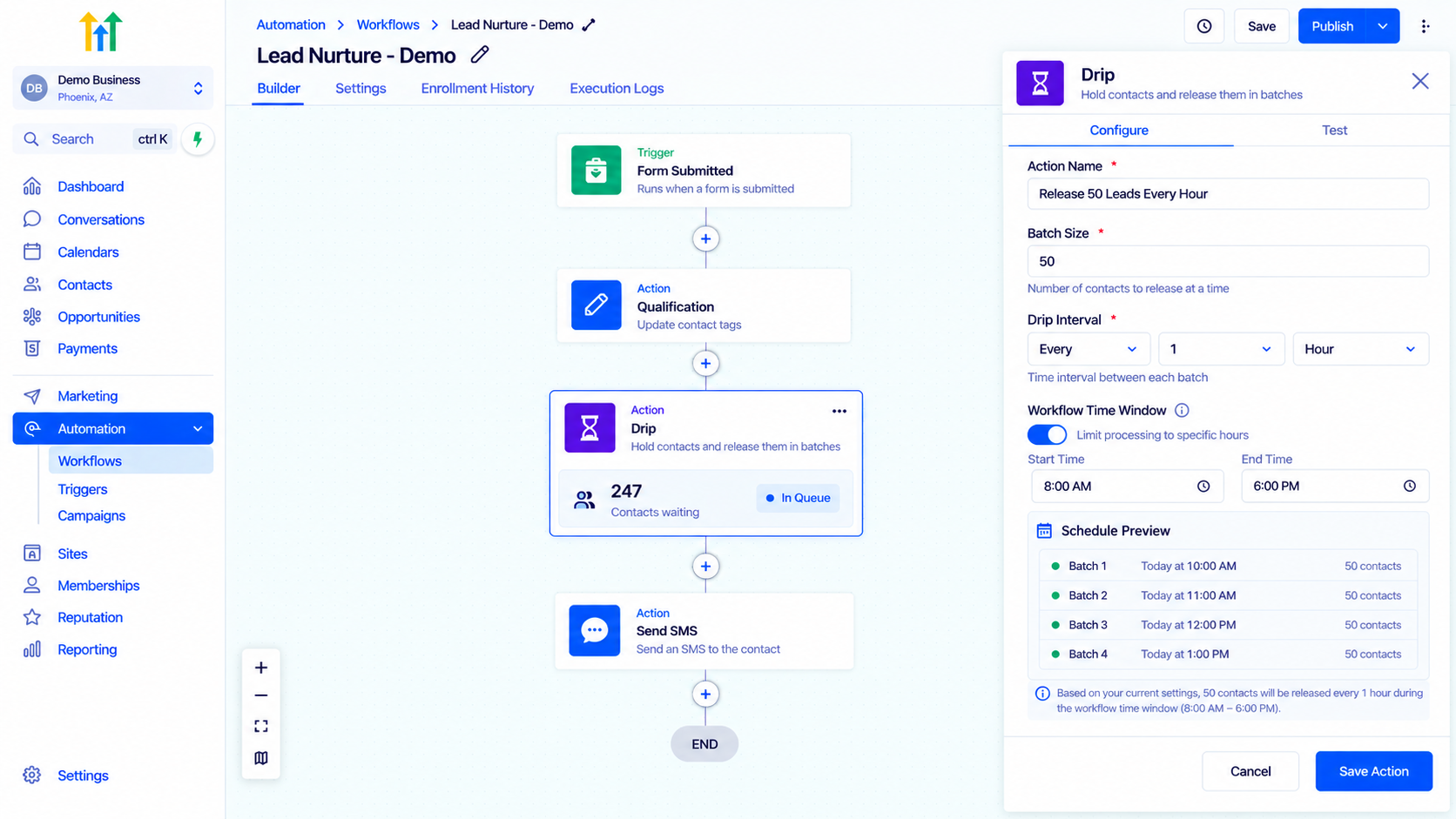 GoHighLevel Drip action time window configuration in Lead Nurture workflow builder