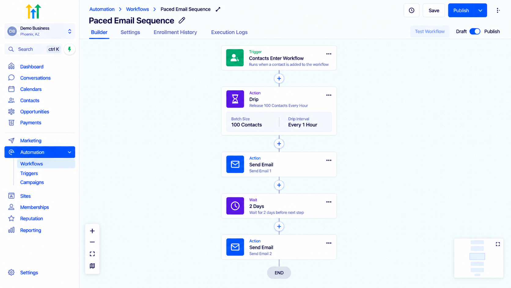 GoHighLevel Paced Email Sequence workflow builder with Drip and Wait actions