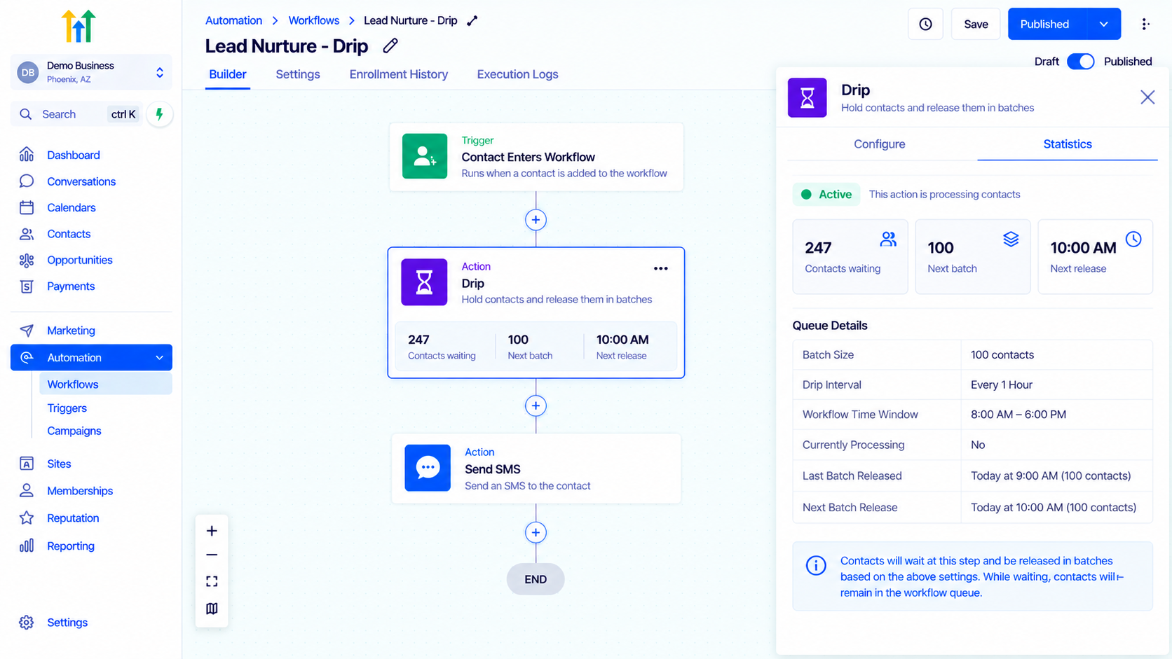 GoHighLevel Drip action statistics and queue details in Lead Nurture workflow builder