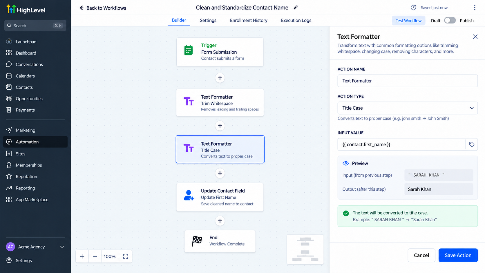 GoHighLevel workflow using Trim Whitespace and Title Case to clean a contact name GoHighLevel workflow using Trim Whitespace and Title Case to clean a contact name