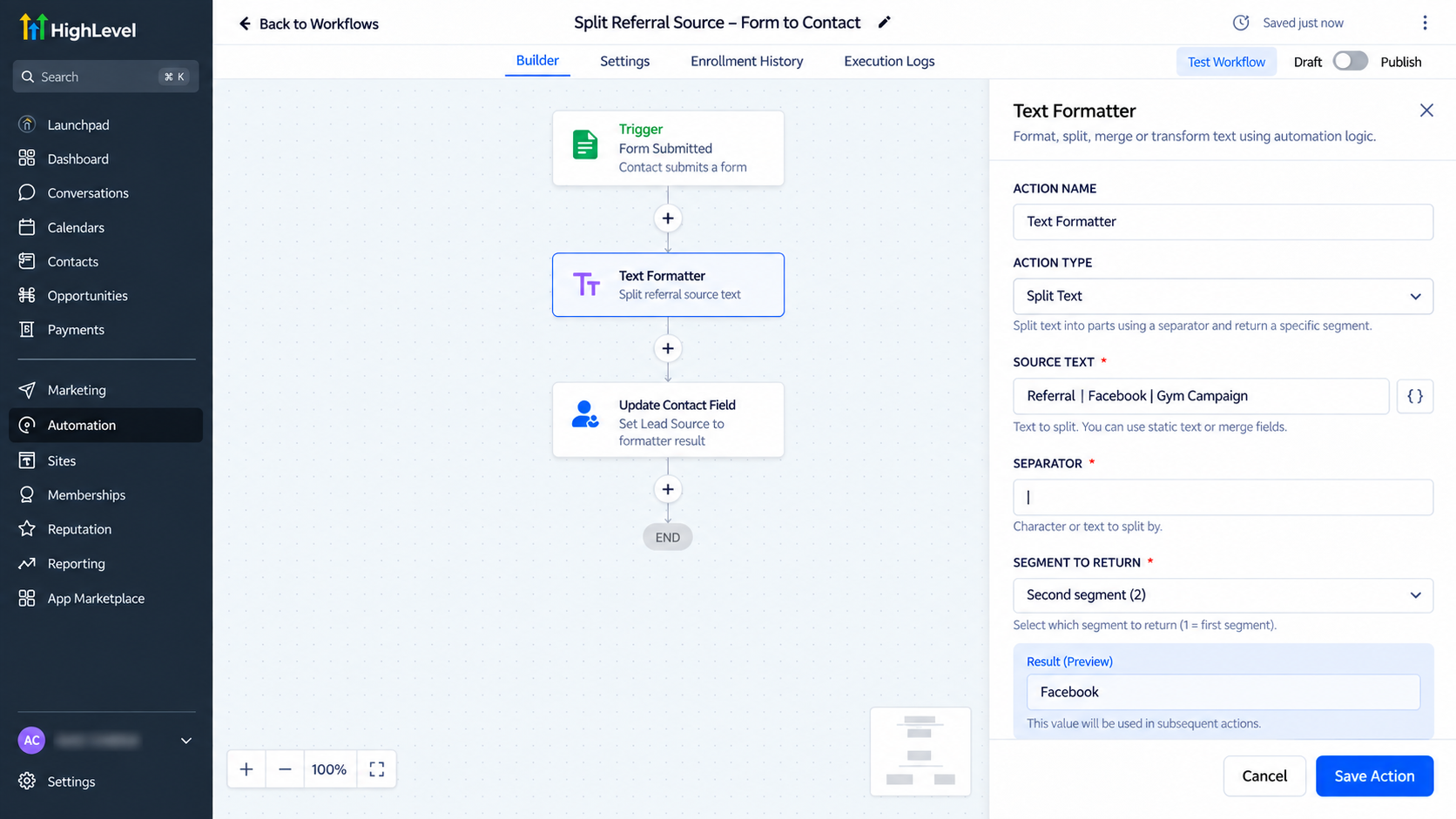 GoHighLevel Split Text action extracting Facebook from a referral source string GoHighLevel Split Text action extracting Facebook from a referral source string