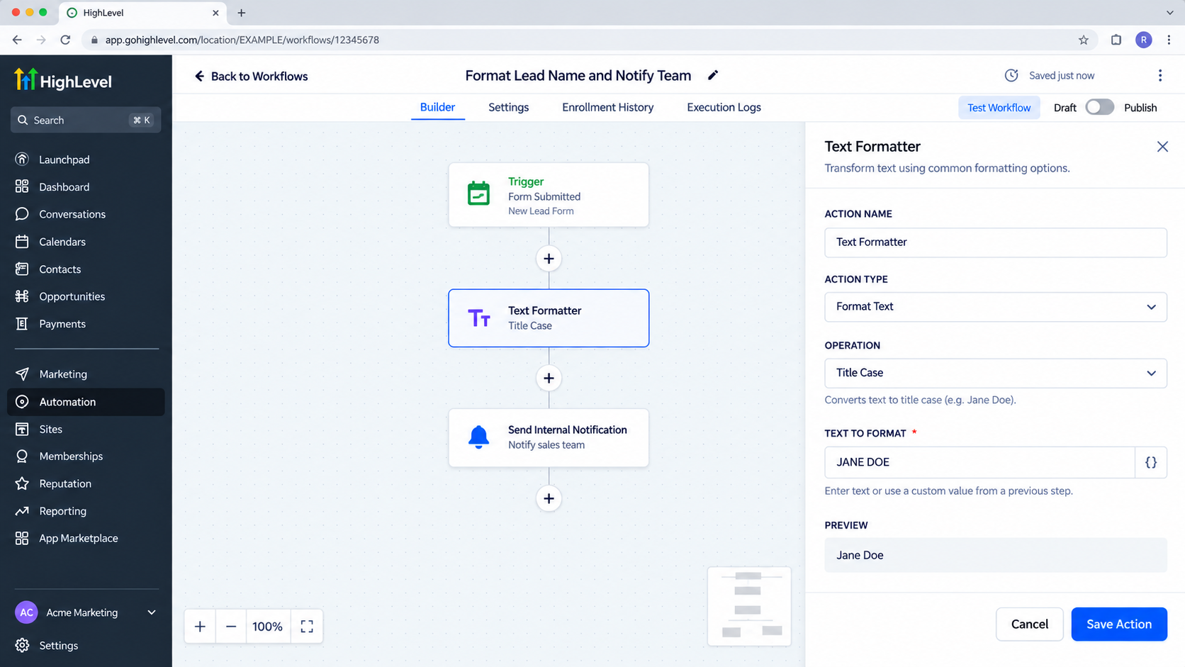 GoHighLevel Text Formatter Action configured with Title Case in a workflow GoHighLevel Text Formatter Action configured with Title Case in a workflow