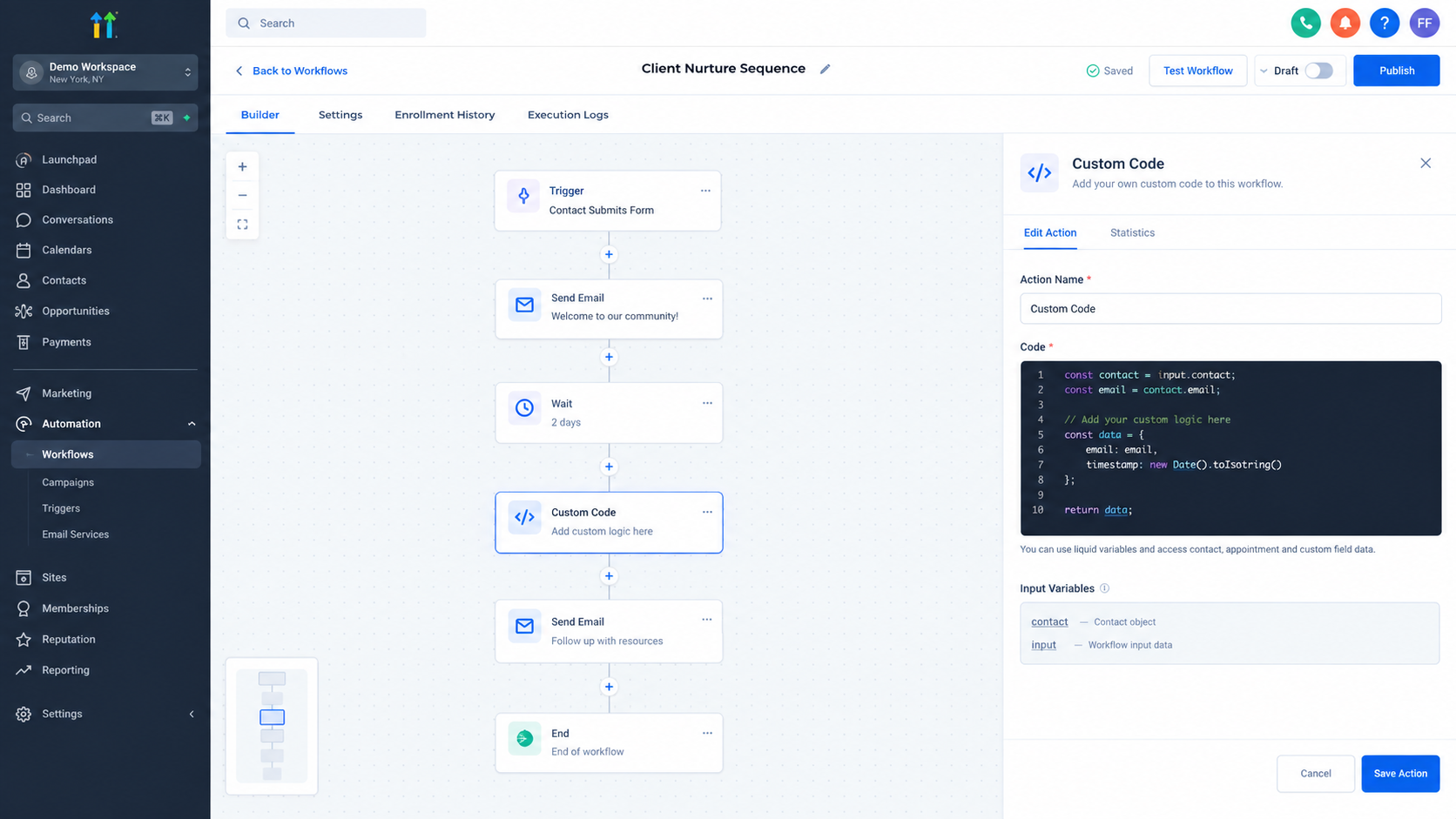 GoHighLevel workflow showing the Custom Code Action