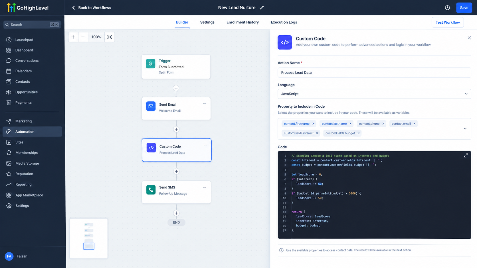 GoHighLevel Custom Code Action configuration panel with input properties