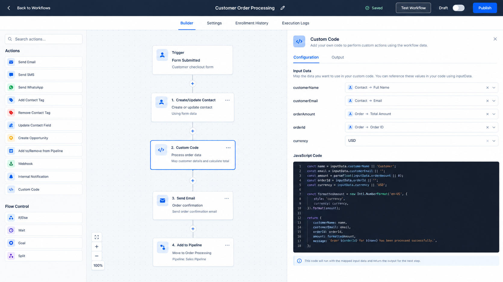 GoHighLevel Custom Code Action processing mapped workflow data