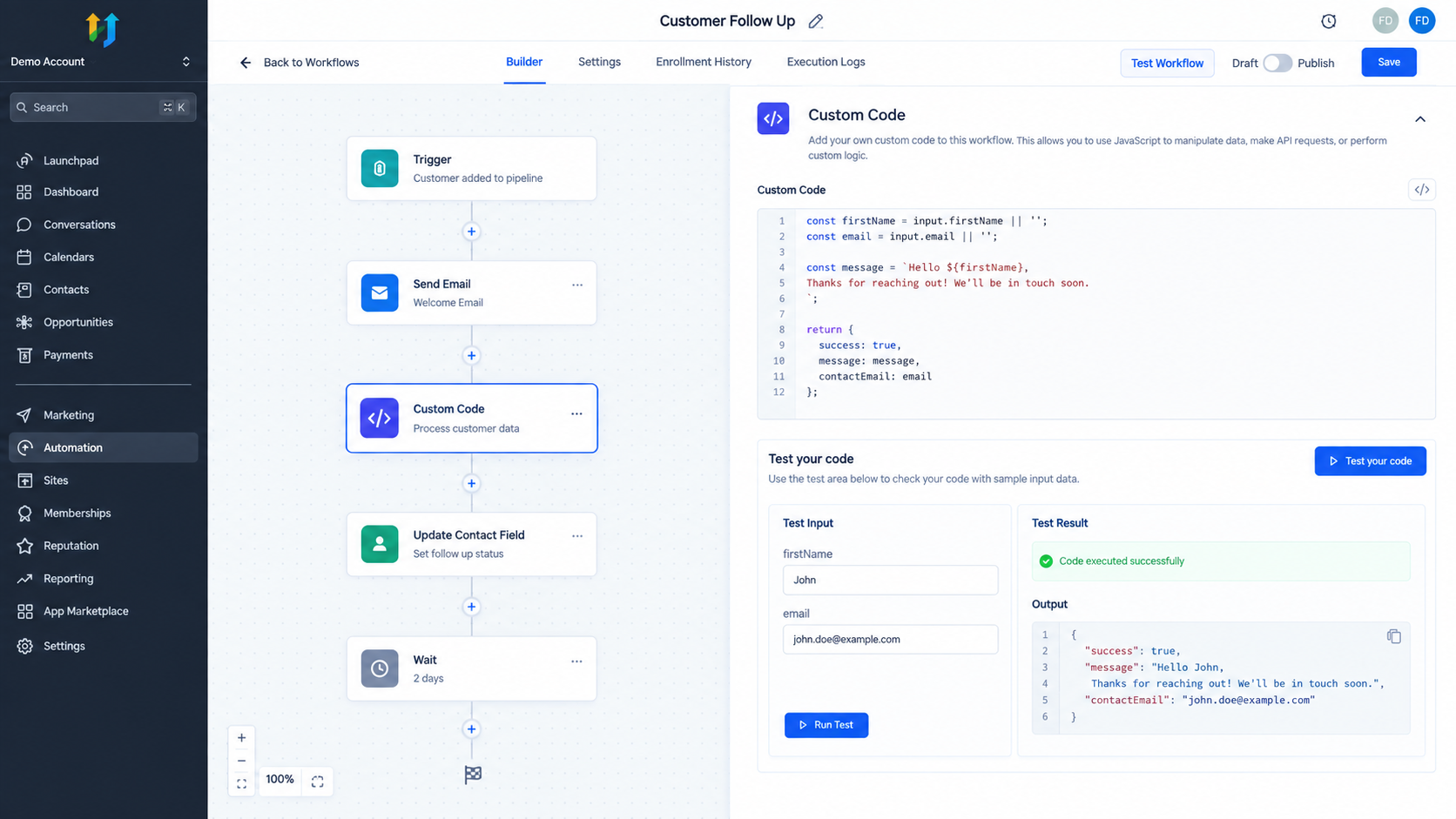 GoHighLevel Custom Code Action test interface showing successful output