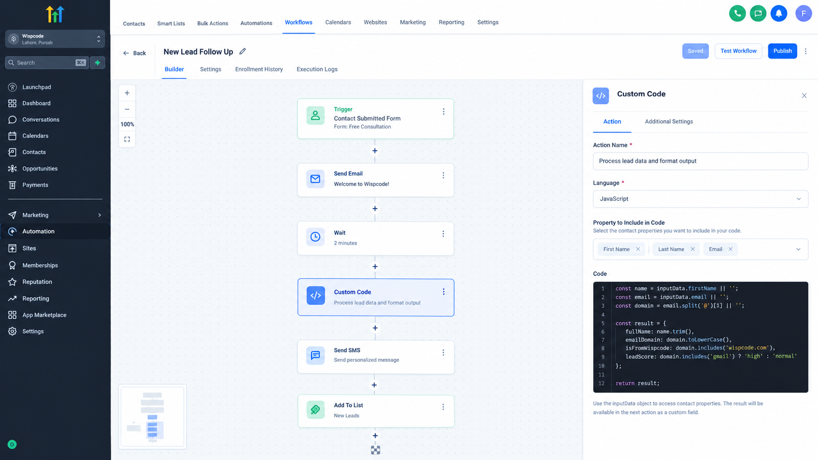 GoHighLevel workflow with Custom Code integrated between automation steps