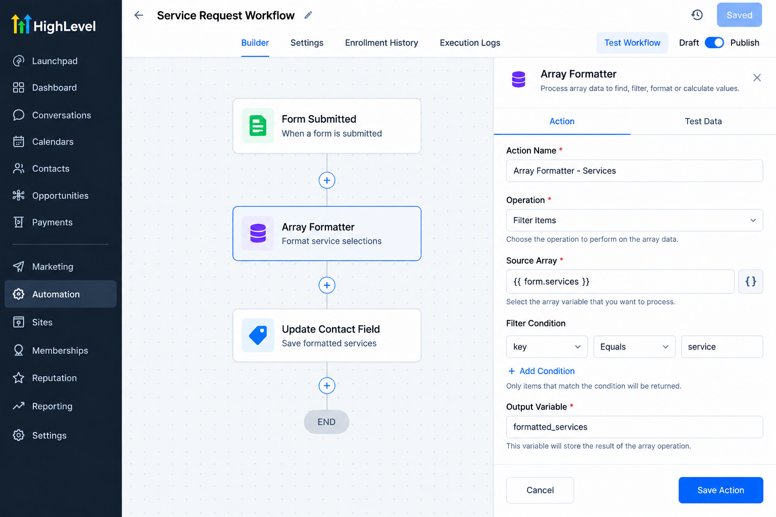 GoHighLevel workflow showing the Array Formatter action configured to process service selection data before updating a contact field. GoHighLevel workflow showing the Array Formatter action configured to process service selection data before updating a contact field.