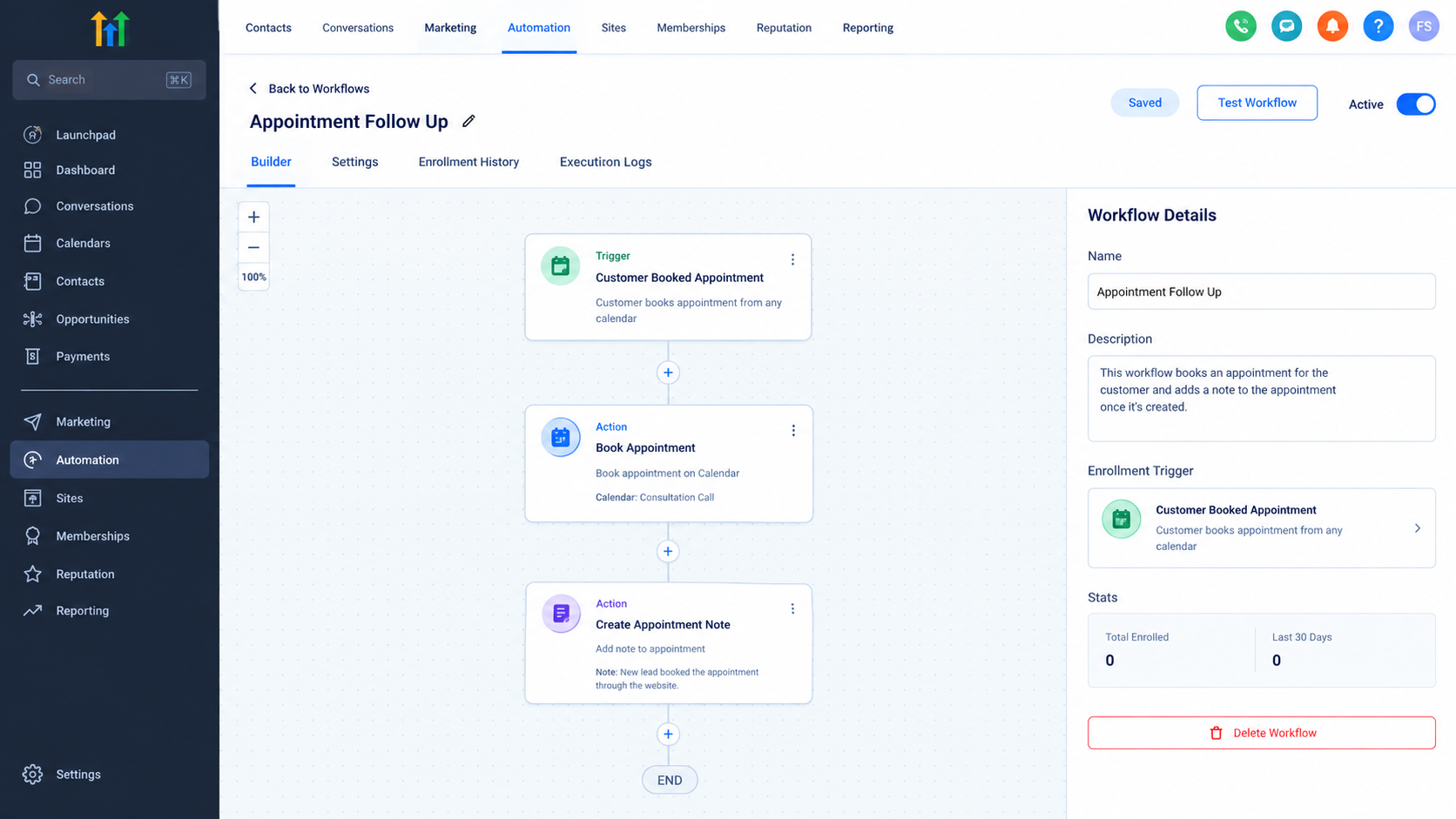 GoHighLevel workflow showing appointment booking and appointment note automation GoHighLevel workflow showing appointment booking and appointment note automation