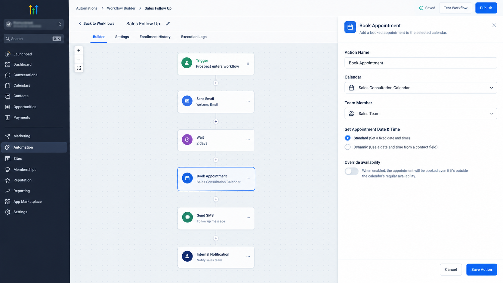 GoHighLevel Book Appointment workflow action configured inside the workflow builder GoHighLevel Book Appointment workflow action configured inside the workflow builder