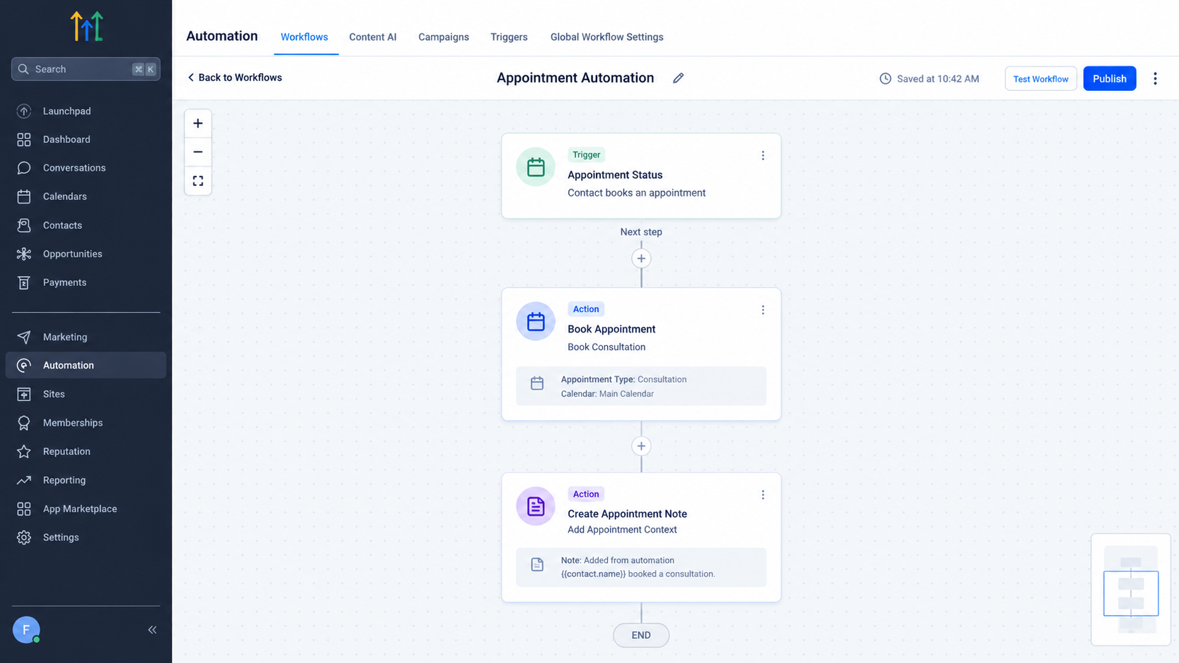 GoHighLevel workflow showing automated appointment booking followed by appointment note creation GoHighLevel workflow showing automated appointment booking followed by appointment note creation