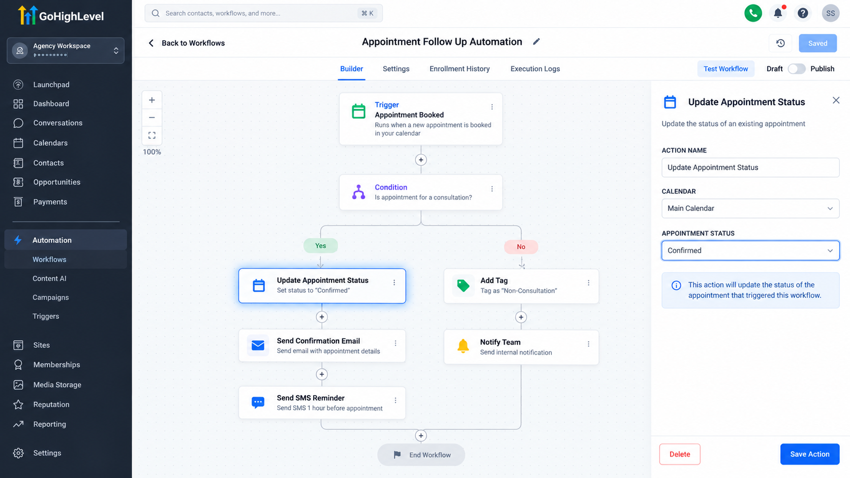 GoHighLevel workflow builder showing an appointment automation with the Update Appointment Status action selected.