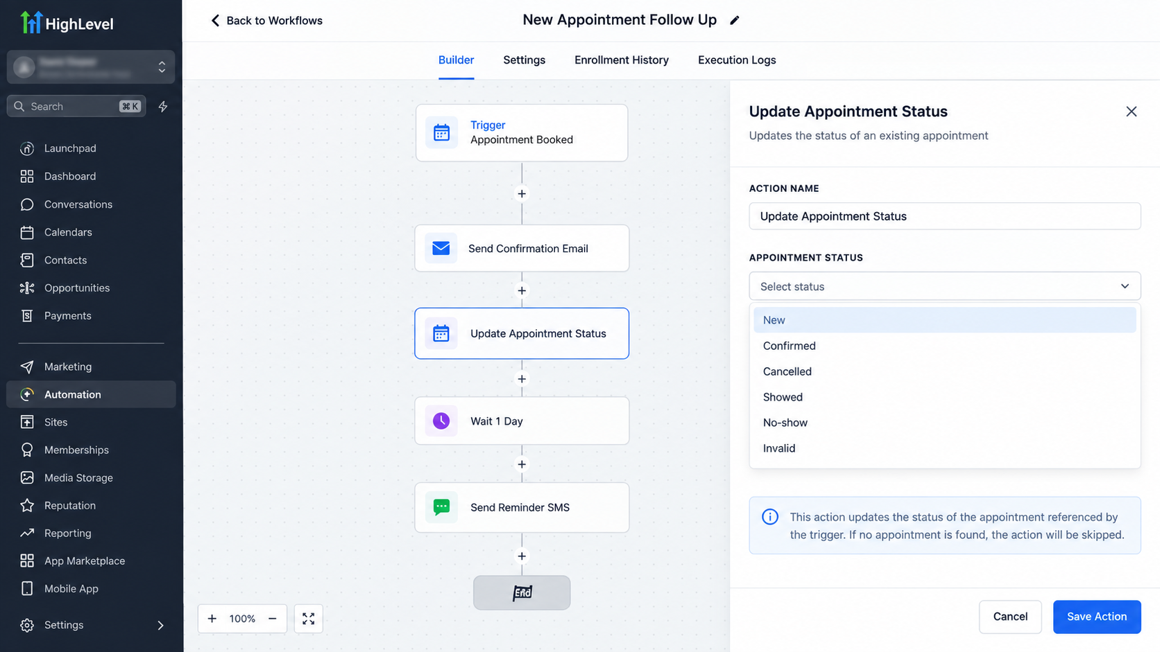 GoHighLevel Update Appointment Status action settings panel with appointment status options such as New, Confirmed, Cancelled, Showed, No-show, and Invalid.