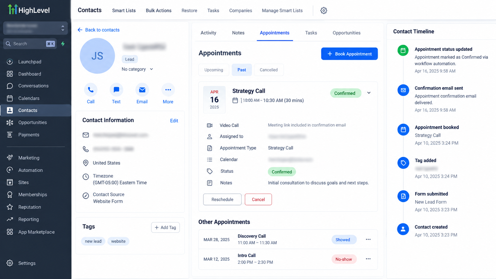 GoHighLevel contact record showing appointment details, confirmed appointment status, and timeline activity after workflow automation.