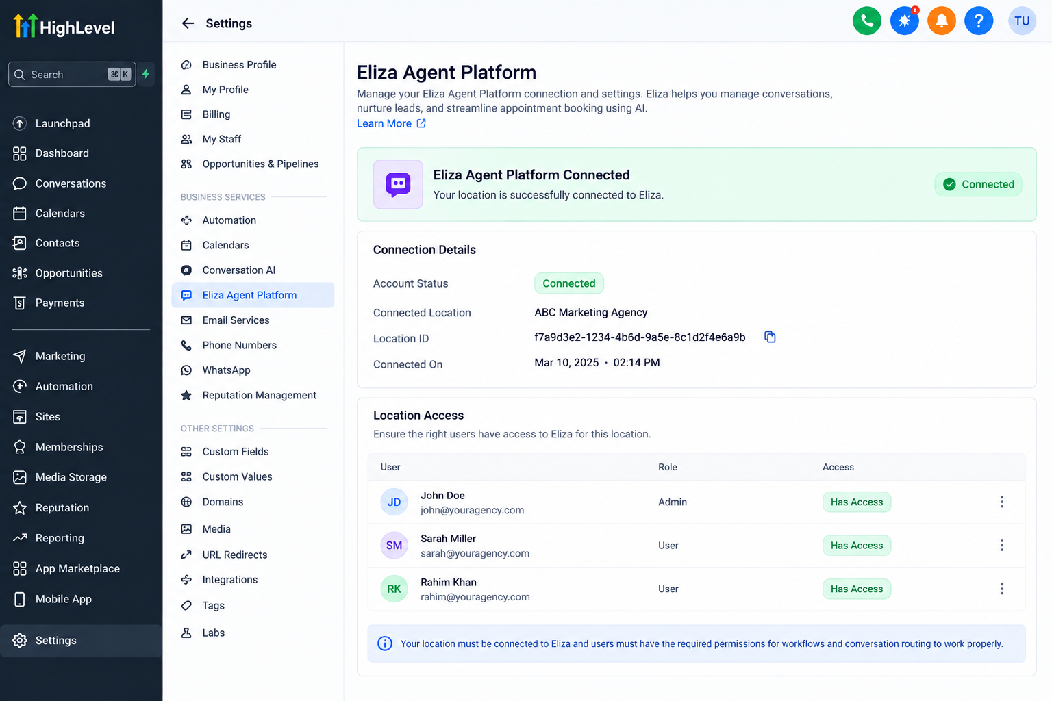 GoHighLevel Eliza Agent Platform settings showing connected location and user access permissions. GoHighLevel Eliza Agent Platform settings showing connected location and user access permissions.