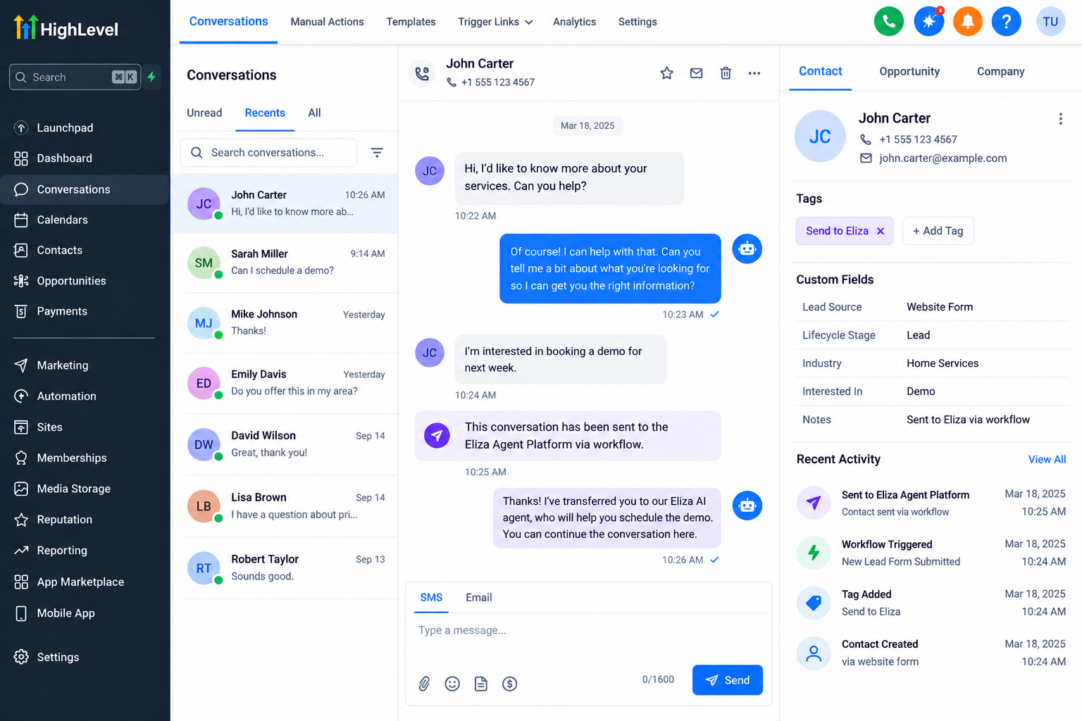 GoHighLevel conversation showing a lead routed to the Eliza Agent Platform for AI-assisted follow-up and appointment booking. GoHighLevel conversation showing a lead routed to the Eliza Agent Platform for AI-assisted follow-up and appointment booking.