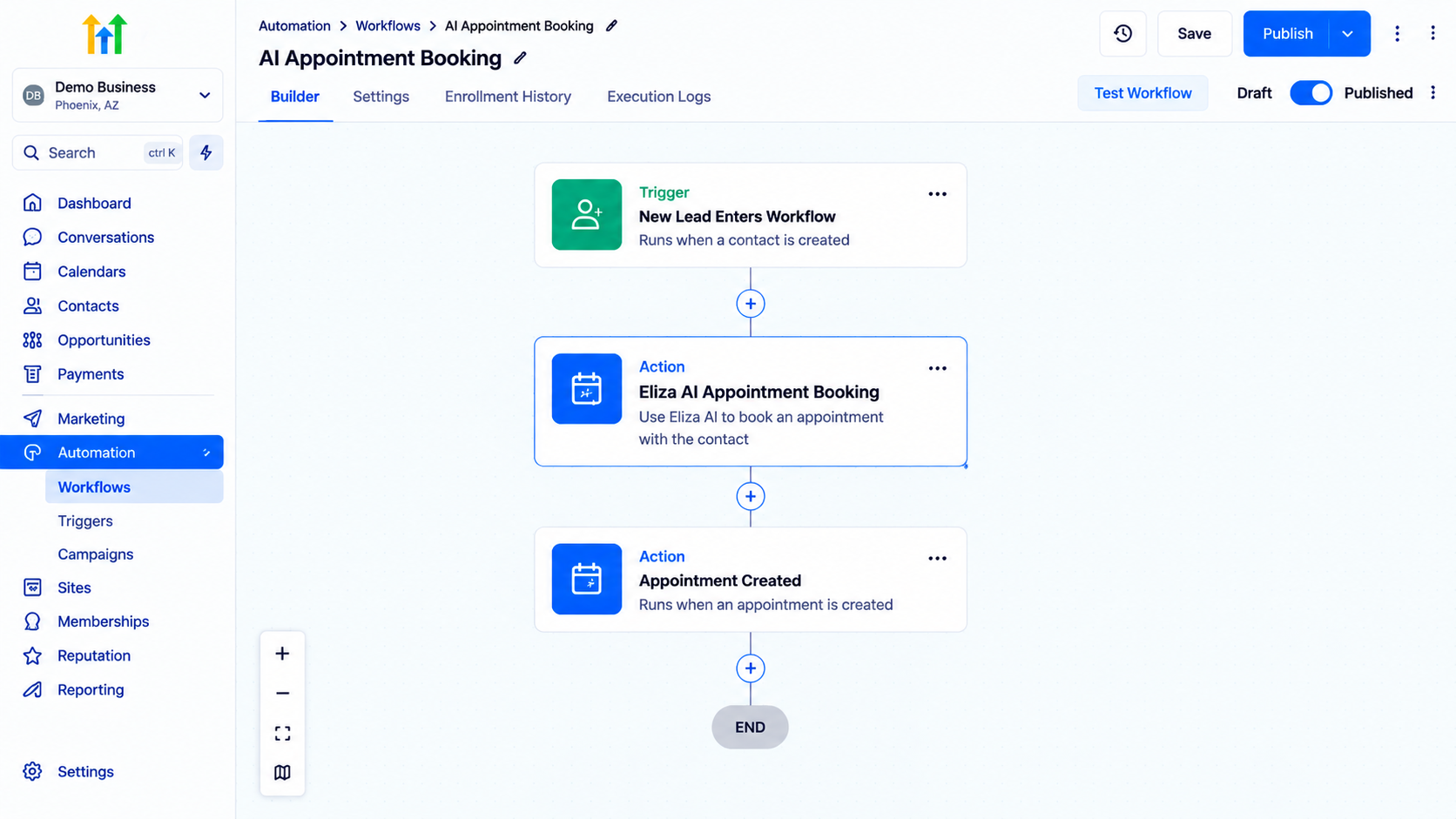 GoHighLevel AI Appointment Booking workflow automation builder interface. GoHighLevel AI Appointment Booking workflow automation builder interface.