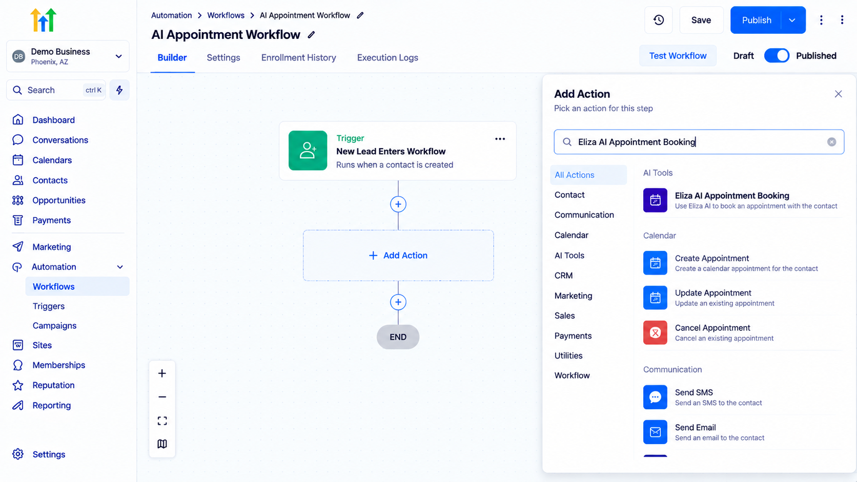 GoHighLevel workflow builder showing the Add Action panel with Eliza AI Appointment Booking selected GoHighLevel workflow builder showing the Add Action panel with Eliza AI Appointment Booking selected