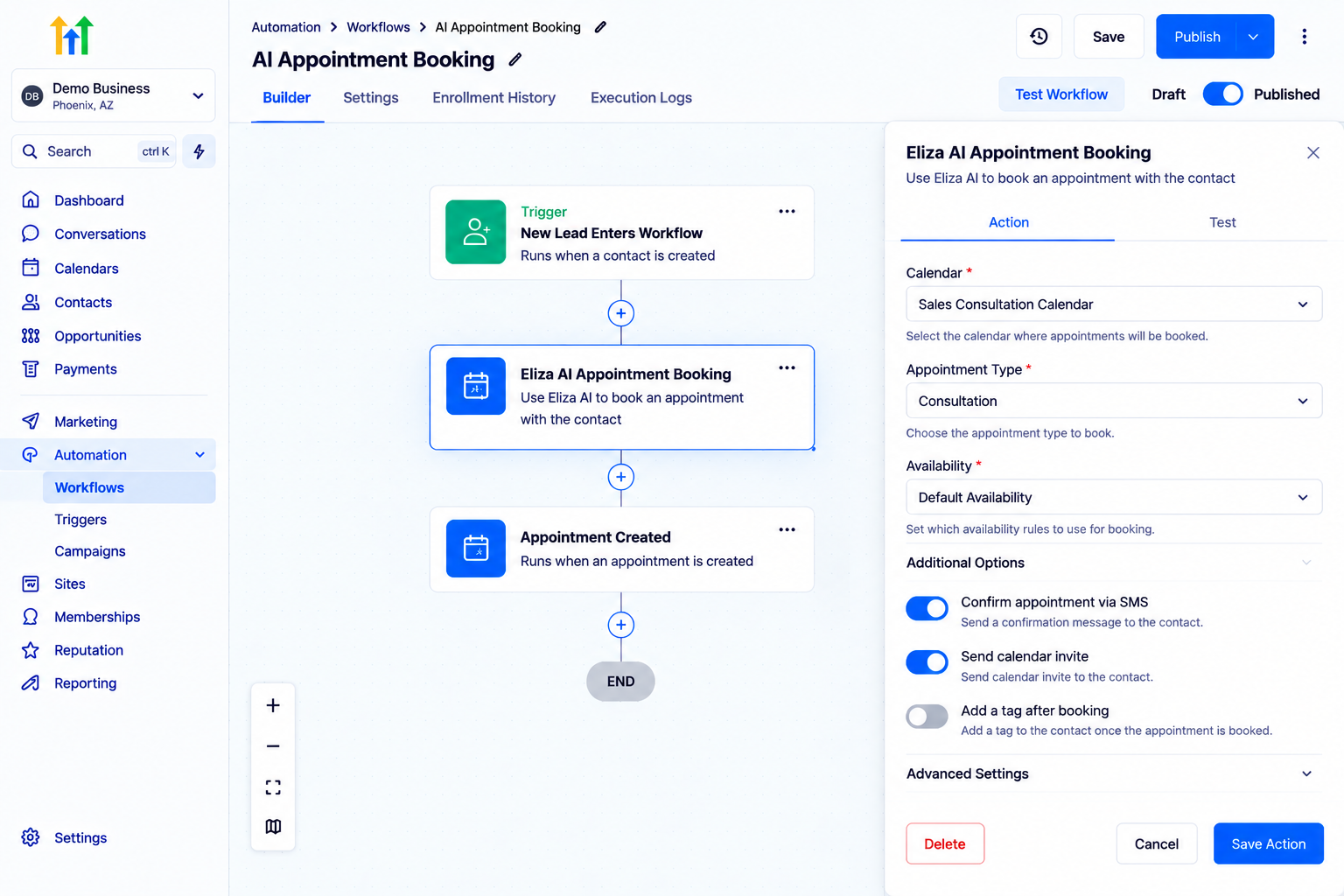 GoHighLevel workflow builder showing Eliza AI Appointment Booking action configuration panel GoHighLevel workflow builder showing Eliza AI Appointment Booking action configuration panel