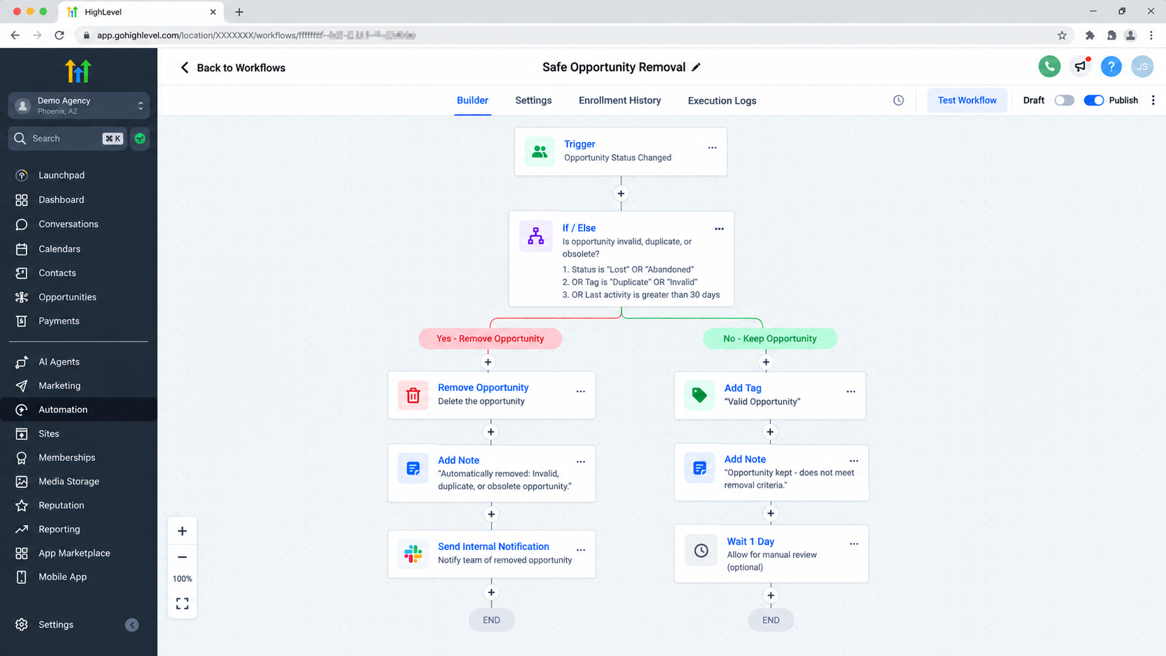 GoHighLevel Workflow using conditional logic before the Remove Opportunity action GoHighLevel Workflow using conditional logic before the Remove Opportunity action