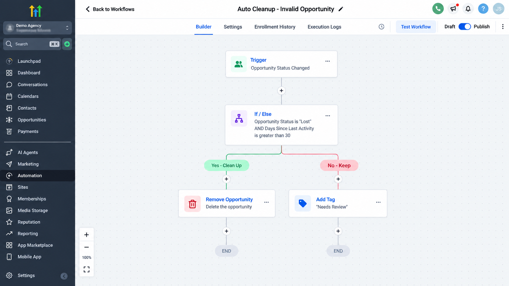 GoHighLevel Workflow showing an If/Else condition leading to the Remove Opportunity action GoHighLevel Workflow showing an If/Else condition leading to the Remove Opportunity action