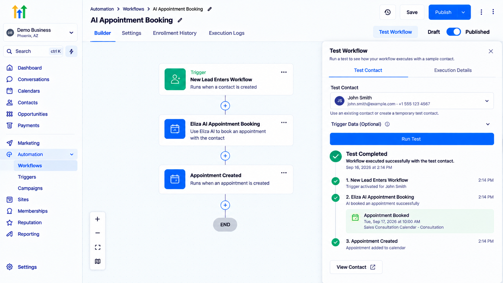 GoHighLevel workflow builder showing the Test Workflow results with successful AI appointment booking execution GoHighLevel workflow builder showing the Test Workflow results with successful AI appointment booking execution