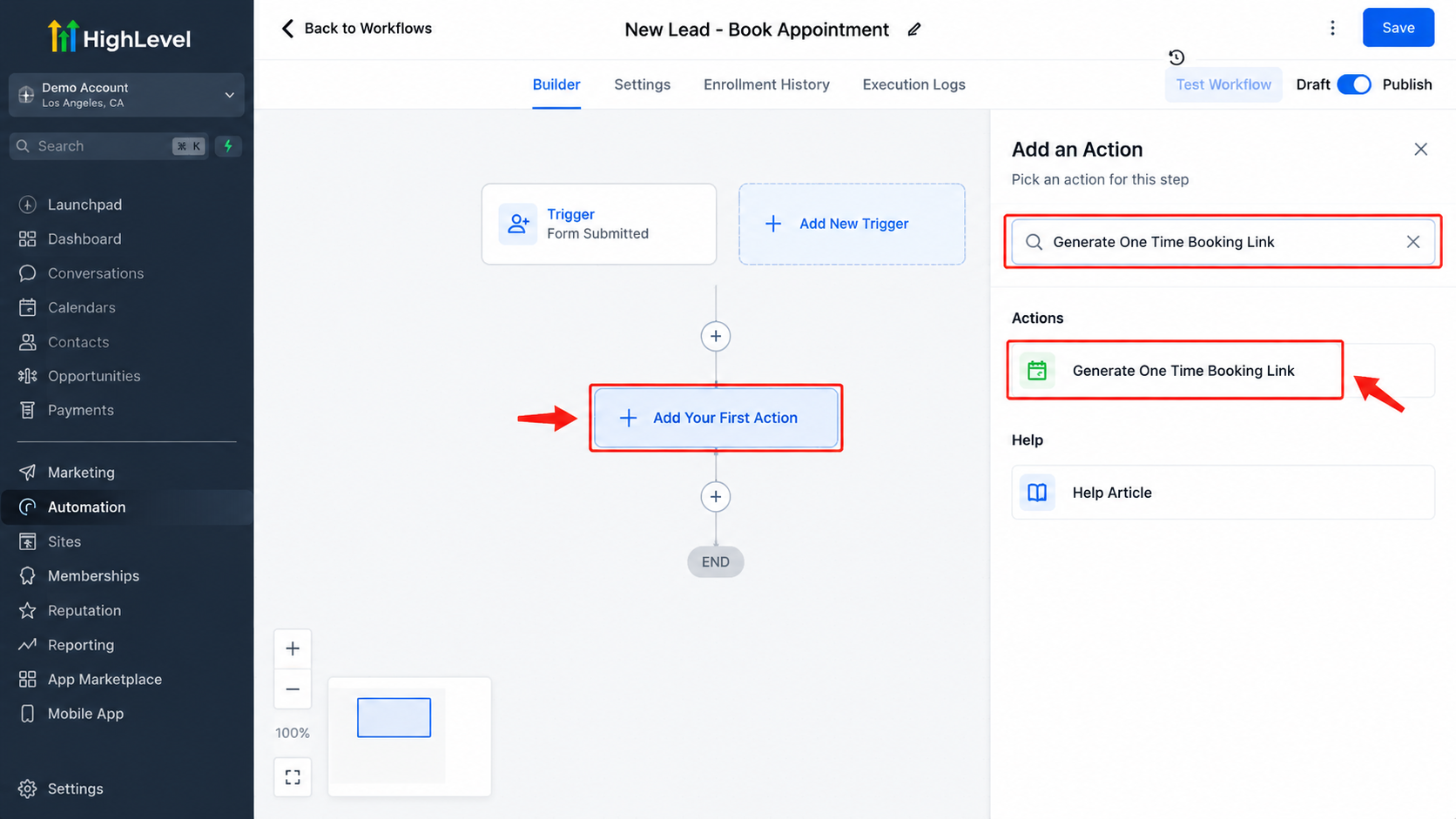 GoHighLevel workflow builder showing the Generate One Time Booking Link Action being searched and added for appointment scheduling automation. GoHighLevel workflow builder showing the Generate One Time Booking Link Action being searched and added for appointment scheduling automation.