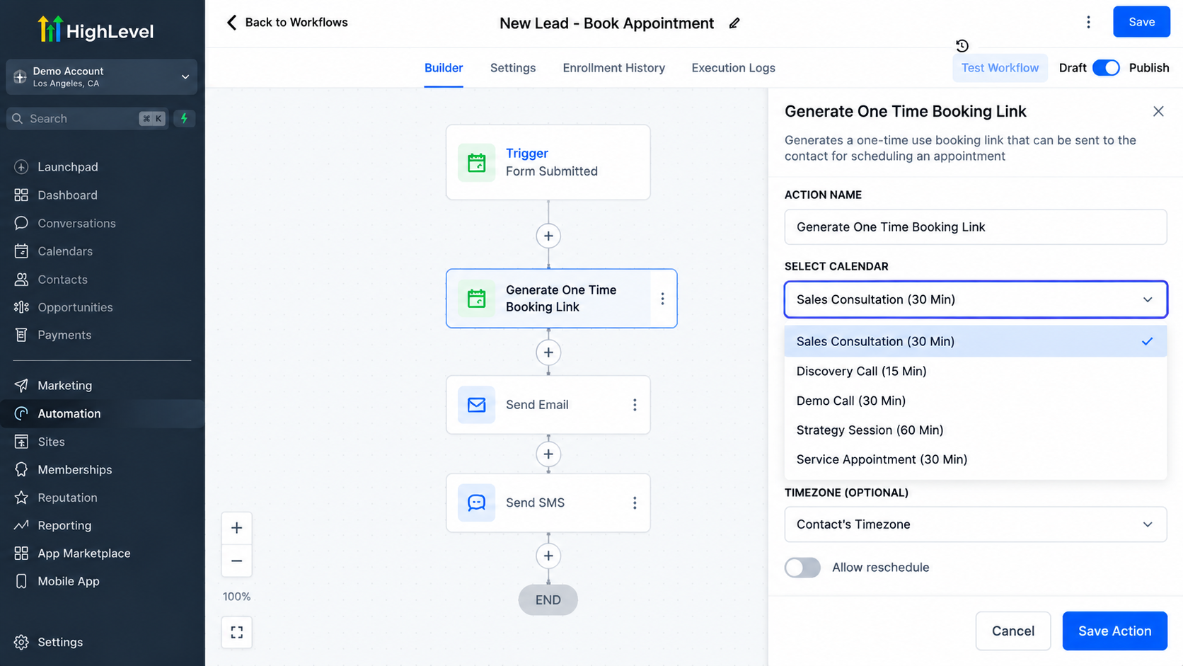 GoHighLevel workflow builder showing the Generate One Time Booking Link Action being searched and added for appointment scheduling automation. GoHighLevel workflow builder showing the Generate One Time Booking Link Action being searched and added for appointment scheduling automation.