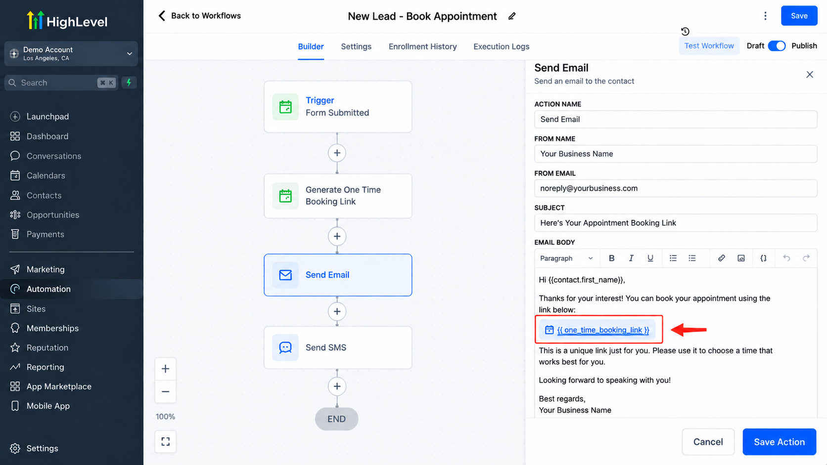GoHighLevel workflow showing a generated one-time booking link being added to an automated email message for appointment scheduling. GoHighLevel workflow showing a generated one-time booking link being added to an automated email message for appointment scheduling.