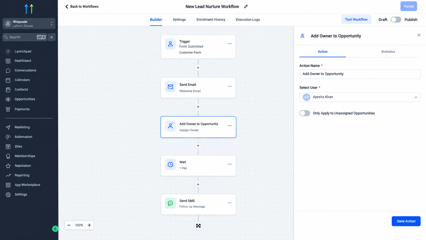 GoHighLevel Add Owner to Opportunity action in Workflow Builder GoHighLevel Add Owner to Opportunity action in Workflow Builder