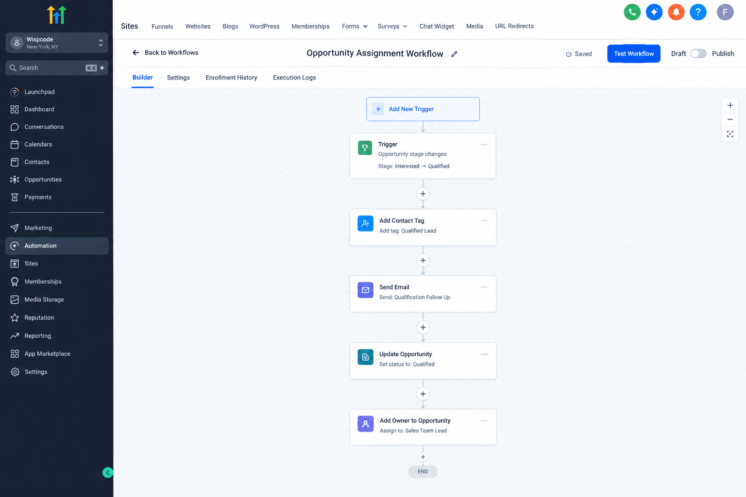 GoHighLevel workflow with Add Owner to Opportunity action GoHighLevel workflow with Add Owner to Opportunity action