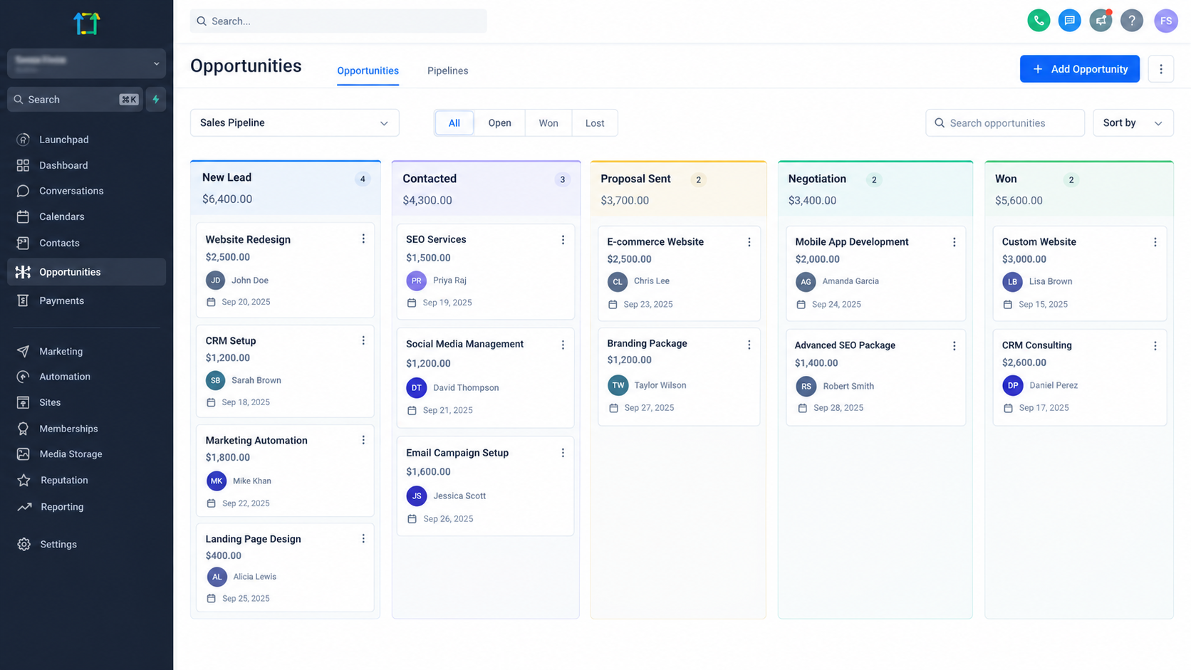 GoHighLevel sales pipeline showing opportunity ownership GoHighLevel sales pipeline showing opportunity ownership