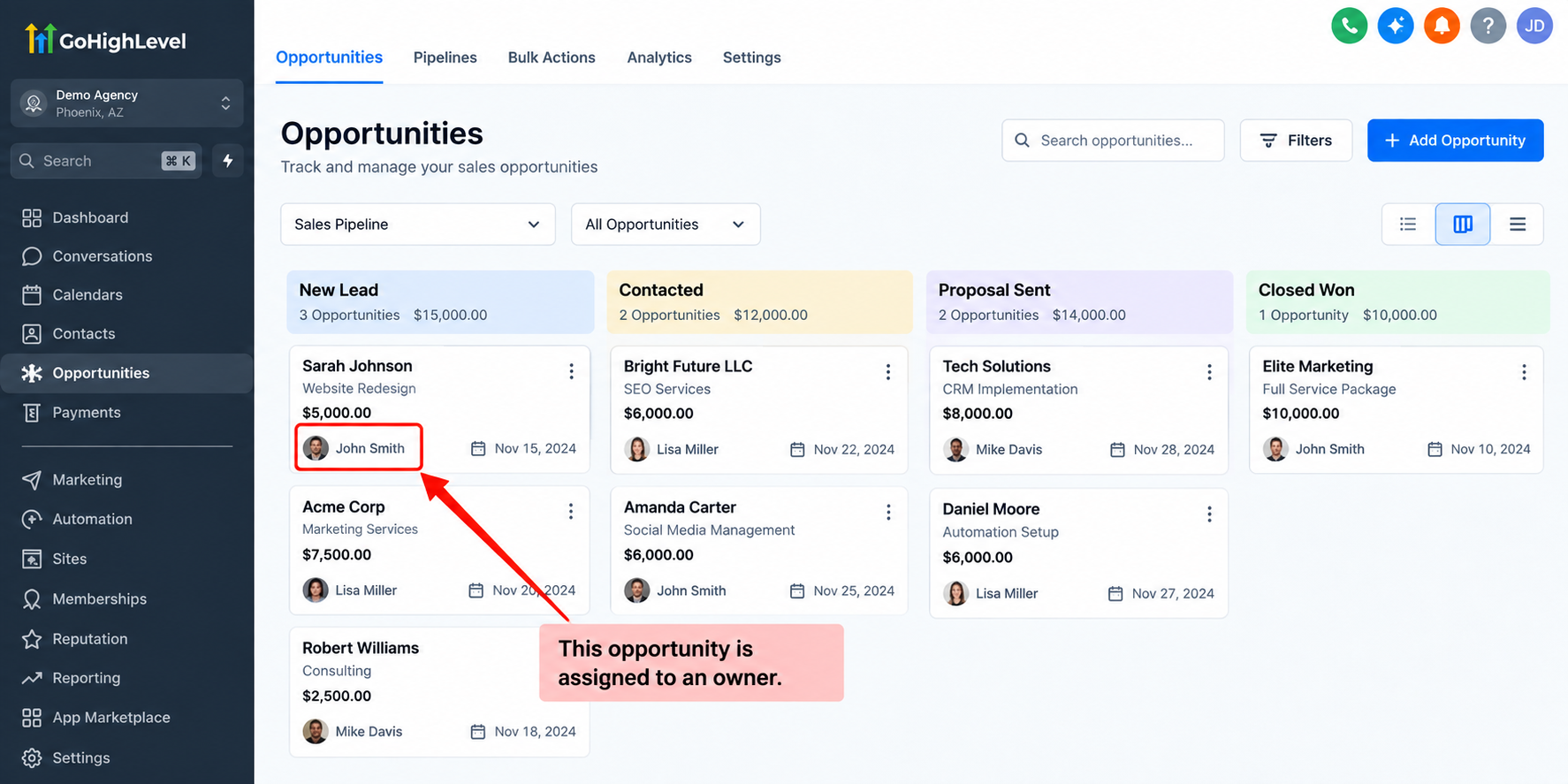 GoHighLevel Opportunities pipeline showing a sales opportunity assigned to an owner.