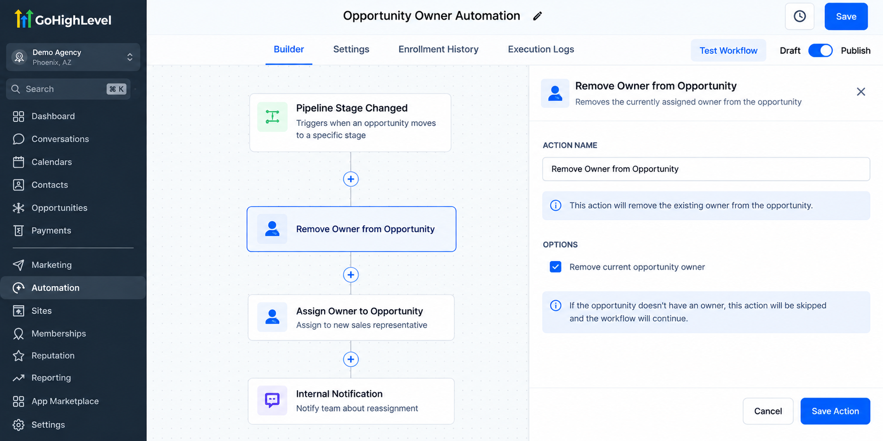 GoHighLevel workflow showing the Remove Owner from Opportunity action followed by opportunity reassignment and an internal notification.