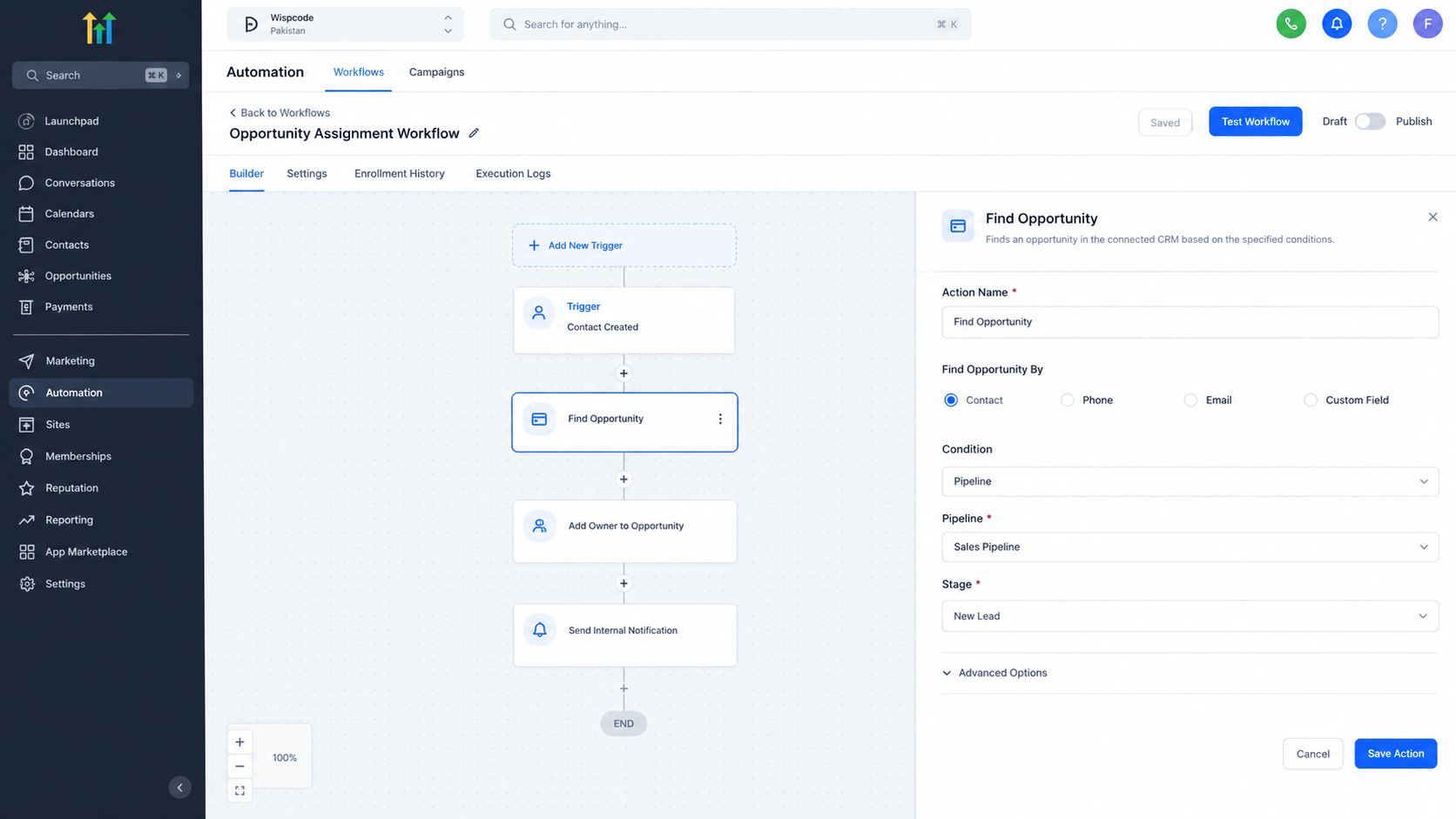 GoHighLevel Find Opportunity action in workflow builder GoHighLevel Find Opportunity action in workflow builder