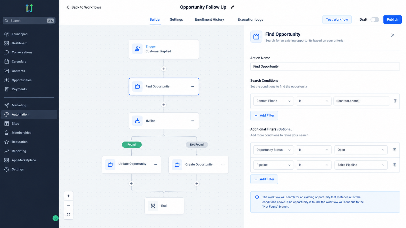 GoHighLevel Find Opportunity filters in workflow automation GoHighLevel Find Opportunity filters in workflow automation