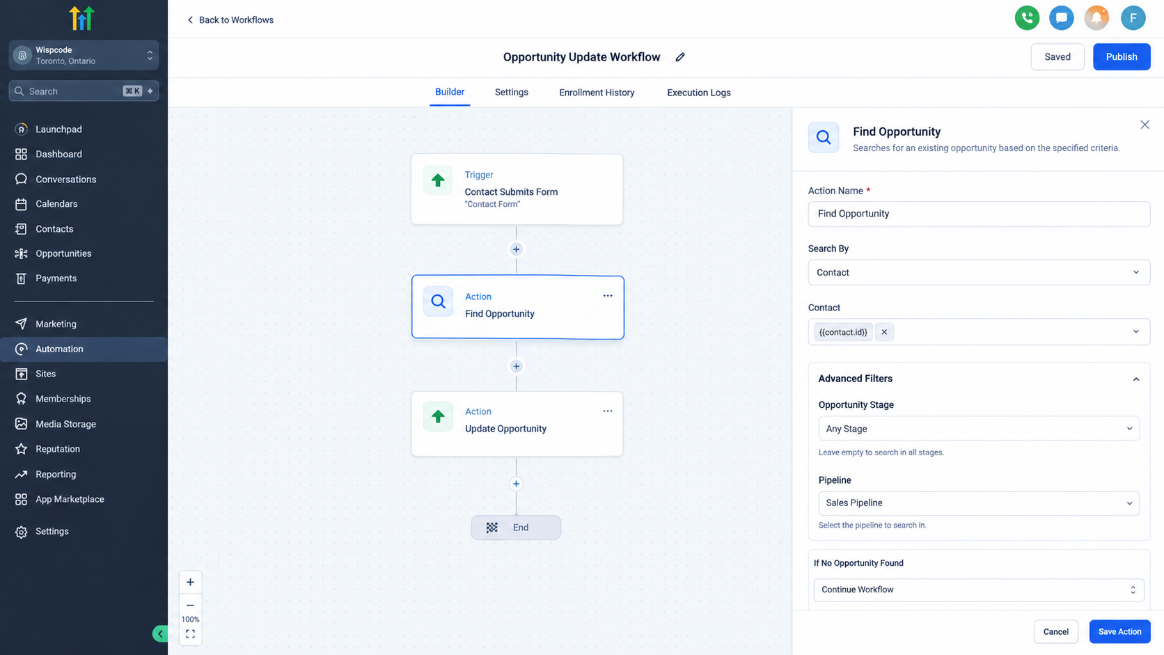 GoHighLevel workflow using Find Opportunity before Update Opportunity GoHighLevel workflow using Find Opportunity before Update Opportunity