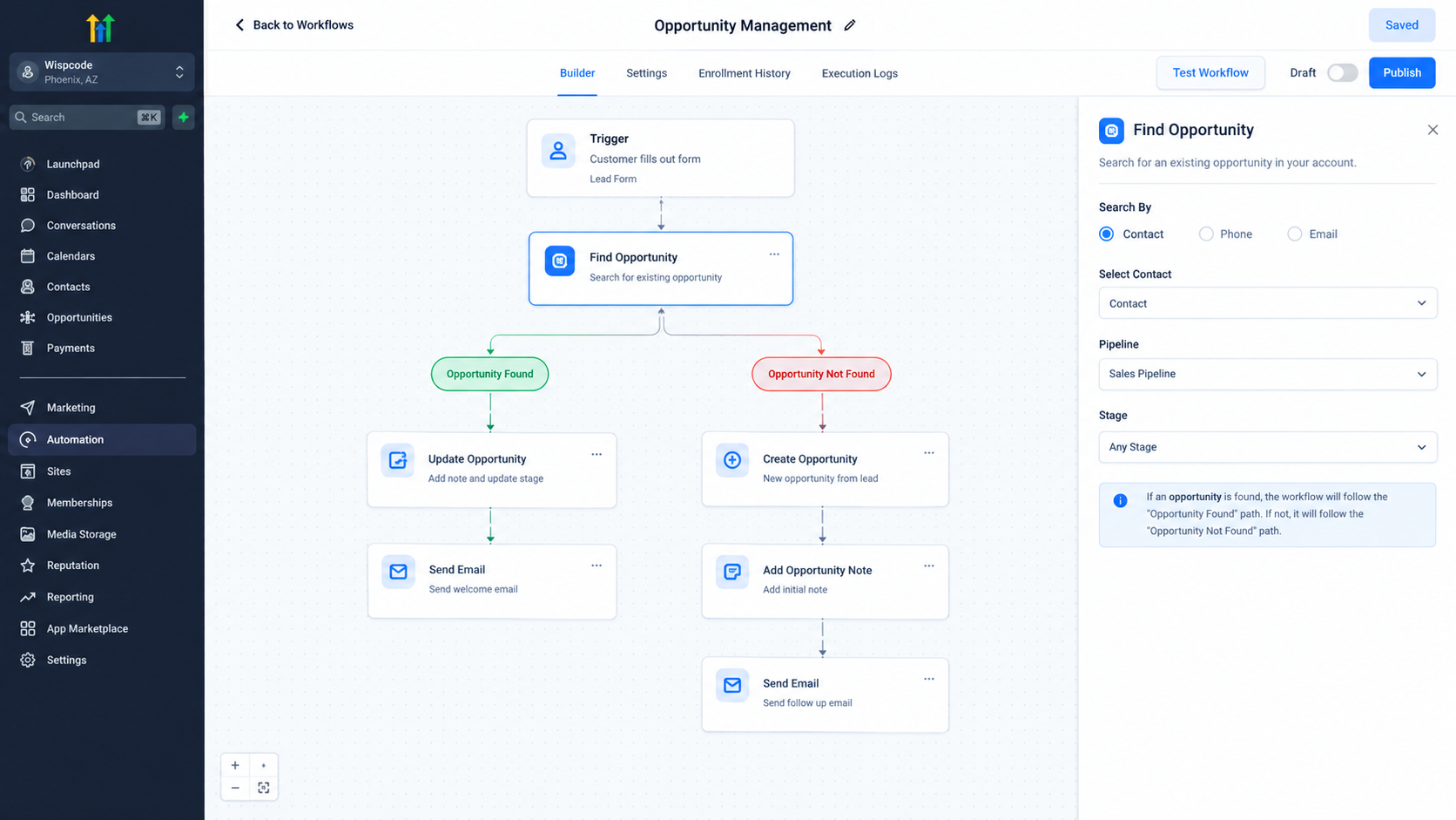 GoHighLevel sales workflow using Find Opportunity action GoHighLevel sales workflow using Find Opportunity action