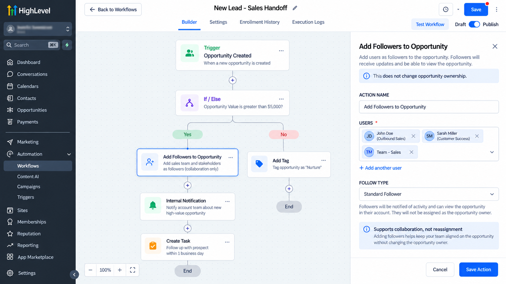 GoHighLevel workflow example using Add Followers to Opportunity during a sales handoff automation
