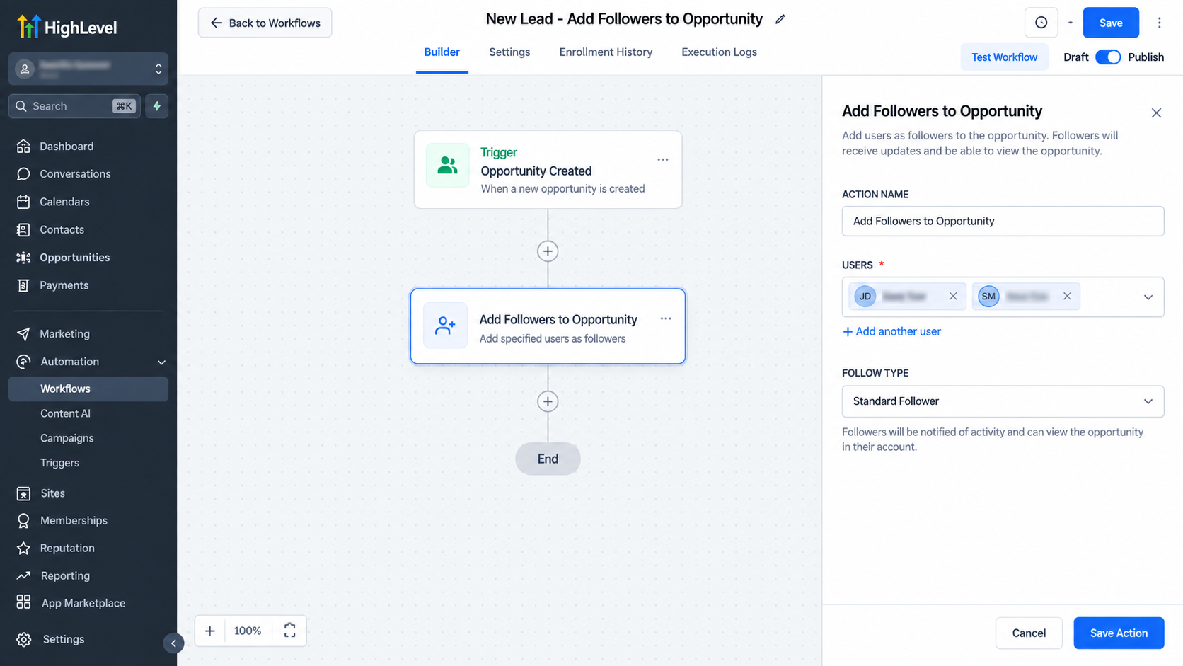 GoHighLevel Workflow Builder showing the Add Followers to Opportunity action in a workflow