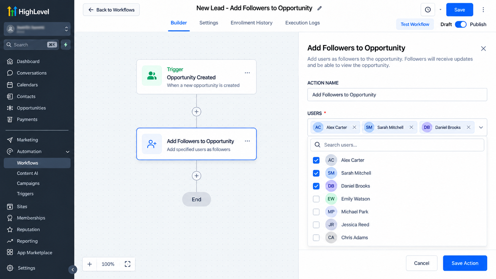 Configuring the Add Followers to Opportunity action in GoHighLevel with multiple users selected