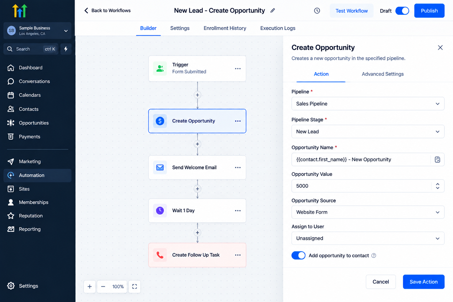 GoHighLevel workflow builder showing the Create Opportunity action configuration panel for automated lead management GoHighLevel workflow builder showing the Create Opportunity action configuration panel for automated lead management