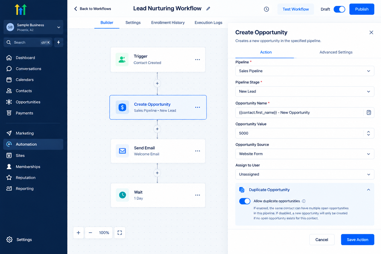 GoHighLevel Lead Nurturing Workflow builder showing Create Opportunity action settings GoHighLevel Lead Nurturing Workflow builder showing Create Opportunity action settings
