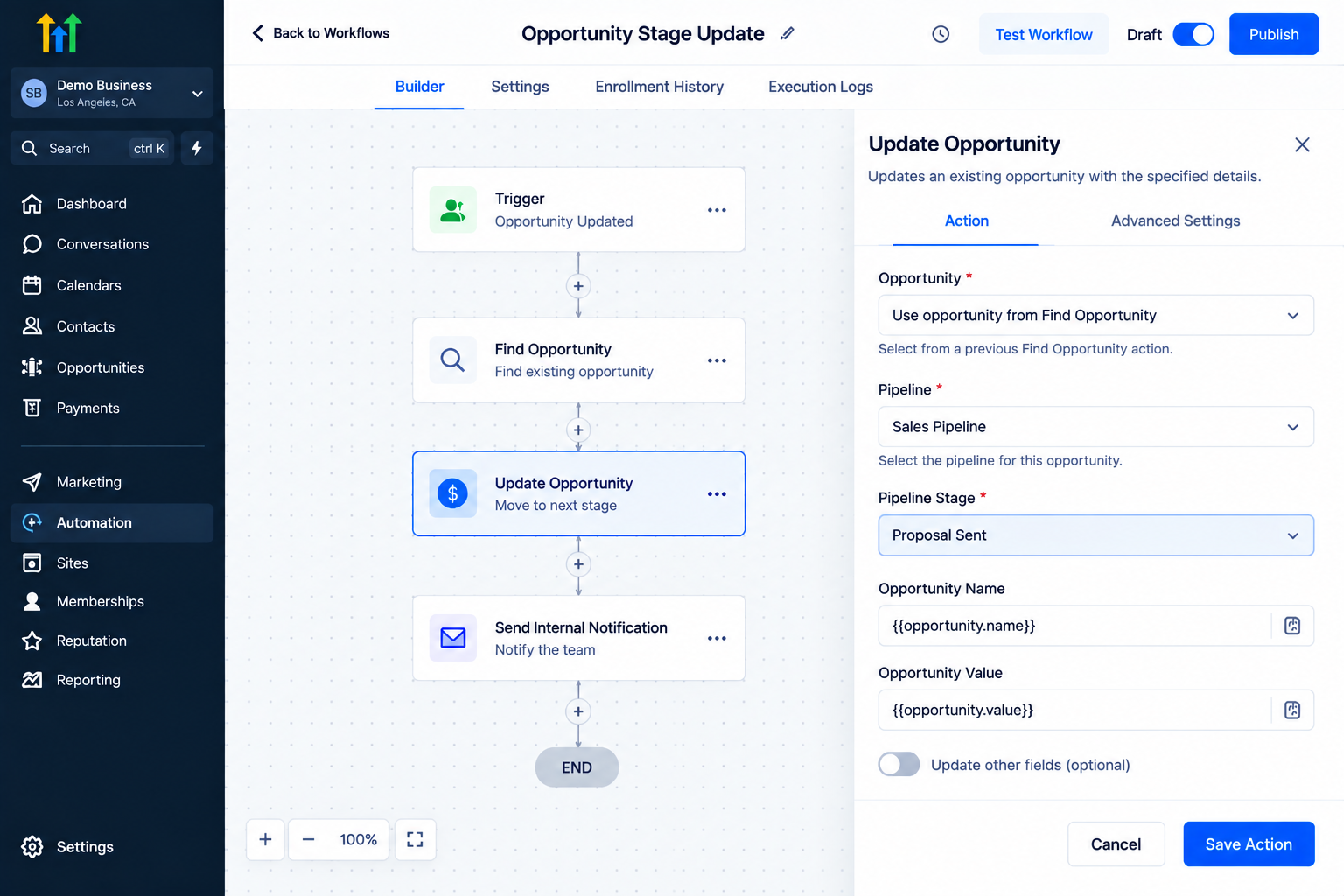 GoHighLevel workflow builder showing the Update Opportunity action settings for pipeline stage movement GoHighLevel workflow builder showing the Update Opportunity action settings for pipeline stage movement