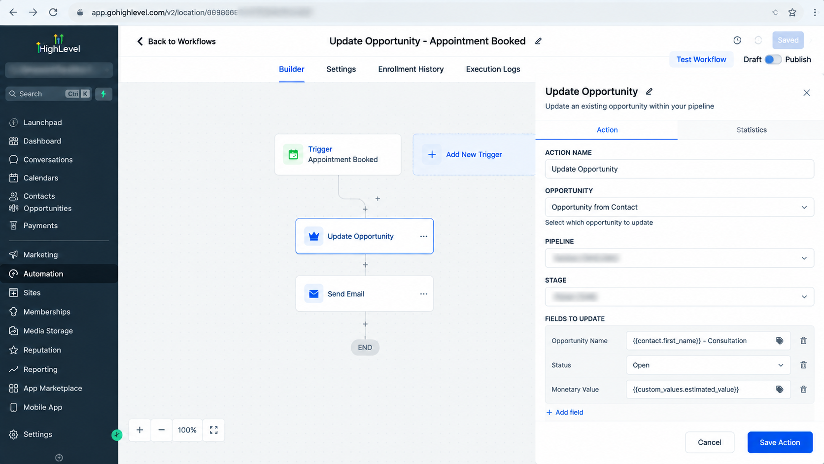 GoHighLevel Update Opportunity workflow action settings showing opportunity fields and update options GoHighLevel Update Opportunity workflow action settings showing opportunity fields and update options