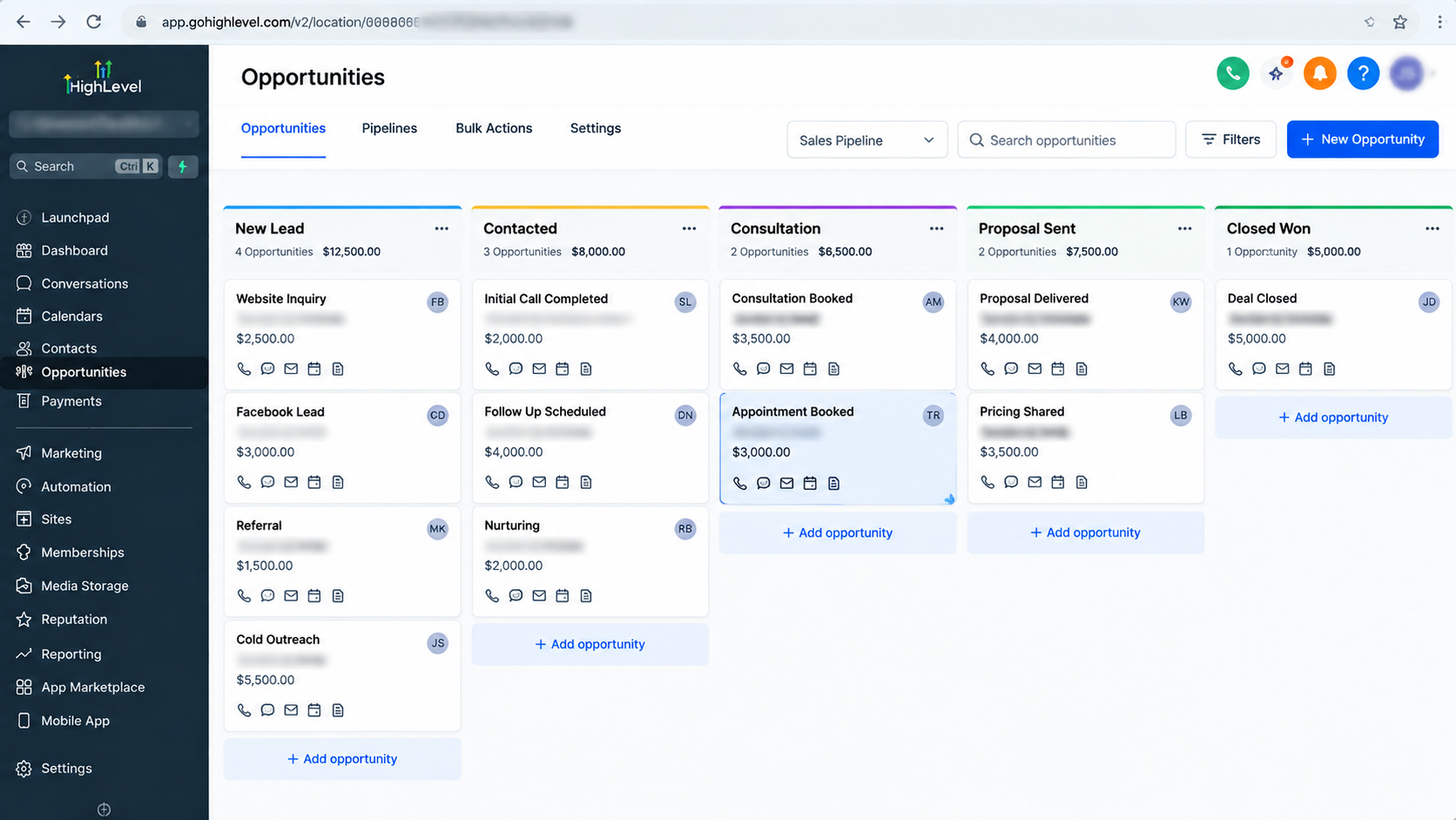 GoHighLevel CRM opportunities pipeline showing sales stages and opportunity records GoHighLevel CRM opportunities pipeline showing sales stages and opportunity records